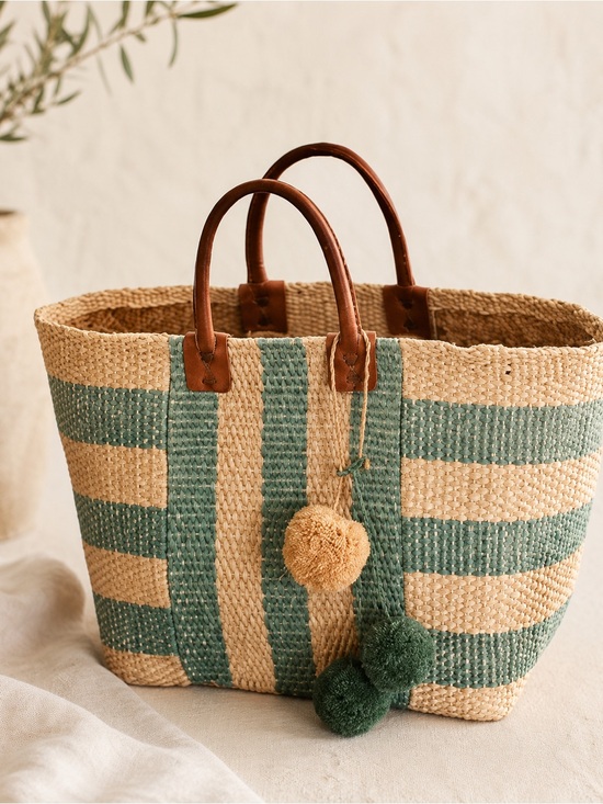 Mar Y Sol Handbags - Mar Y Sol
 Straw Tote with Green Accent and Leather Handles